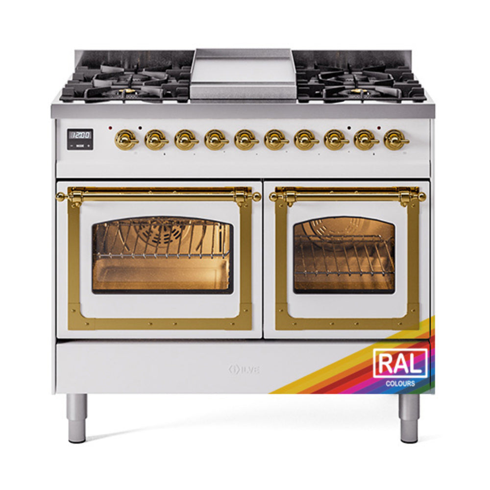 Dual fuel range with two brass-trimmed oven doors and black cooktop burners