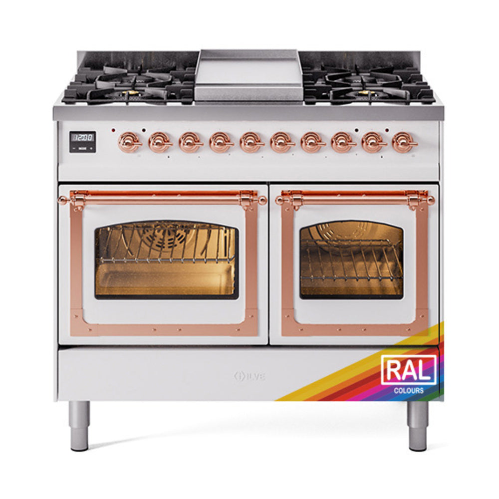 Nostalgie gas range with triple-glass oven doors, copper knobs, and four-burner cooktop