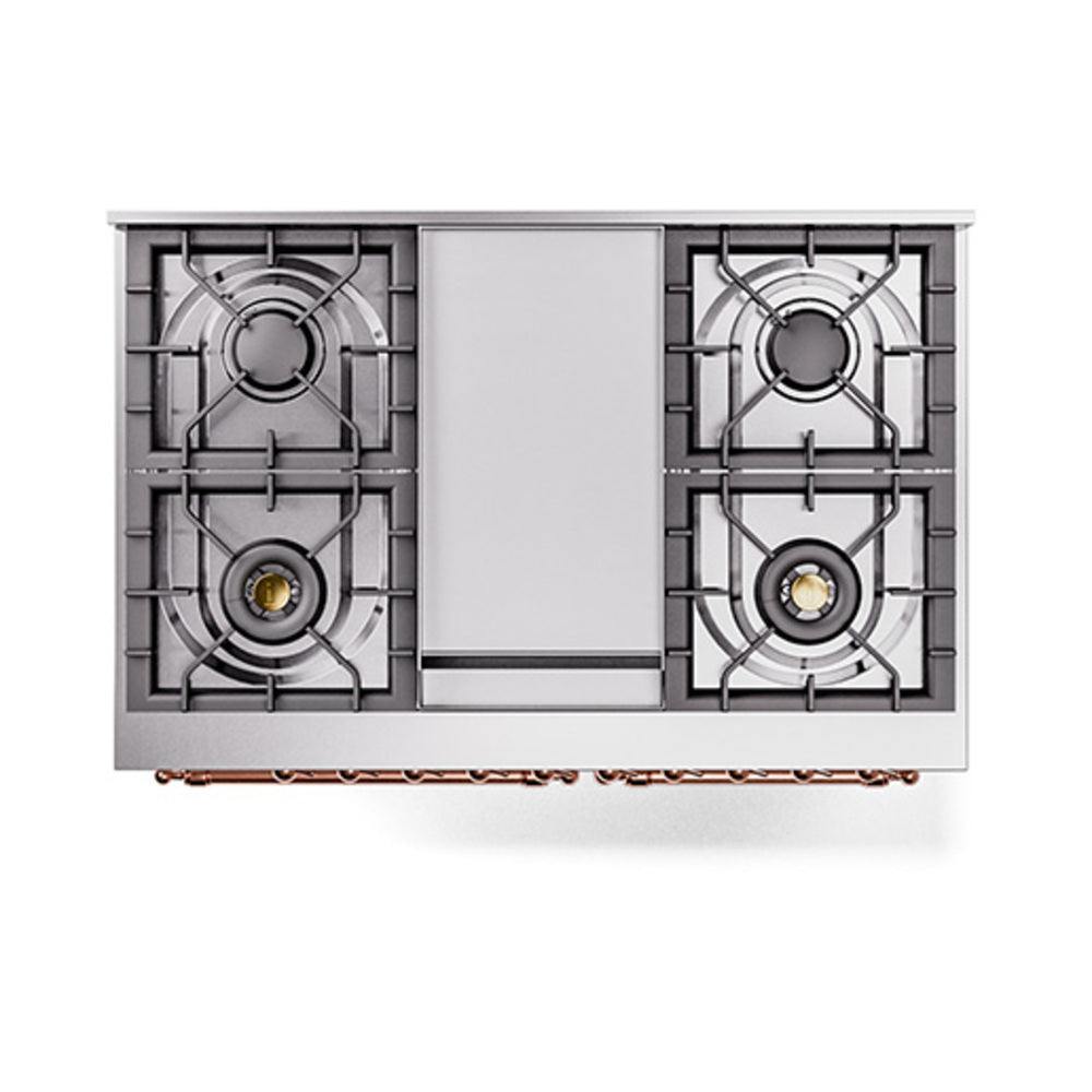 Stainless dual fuel range top with four cast-iron burner grates and central control panel