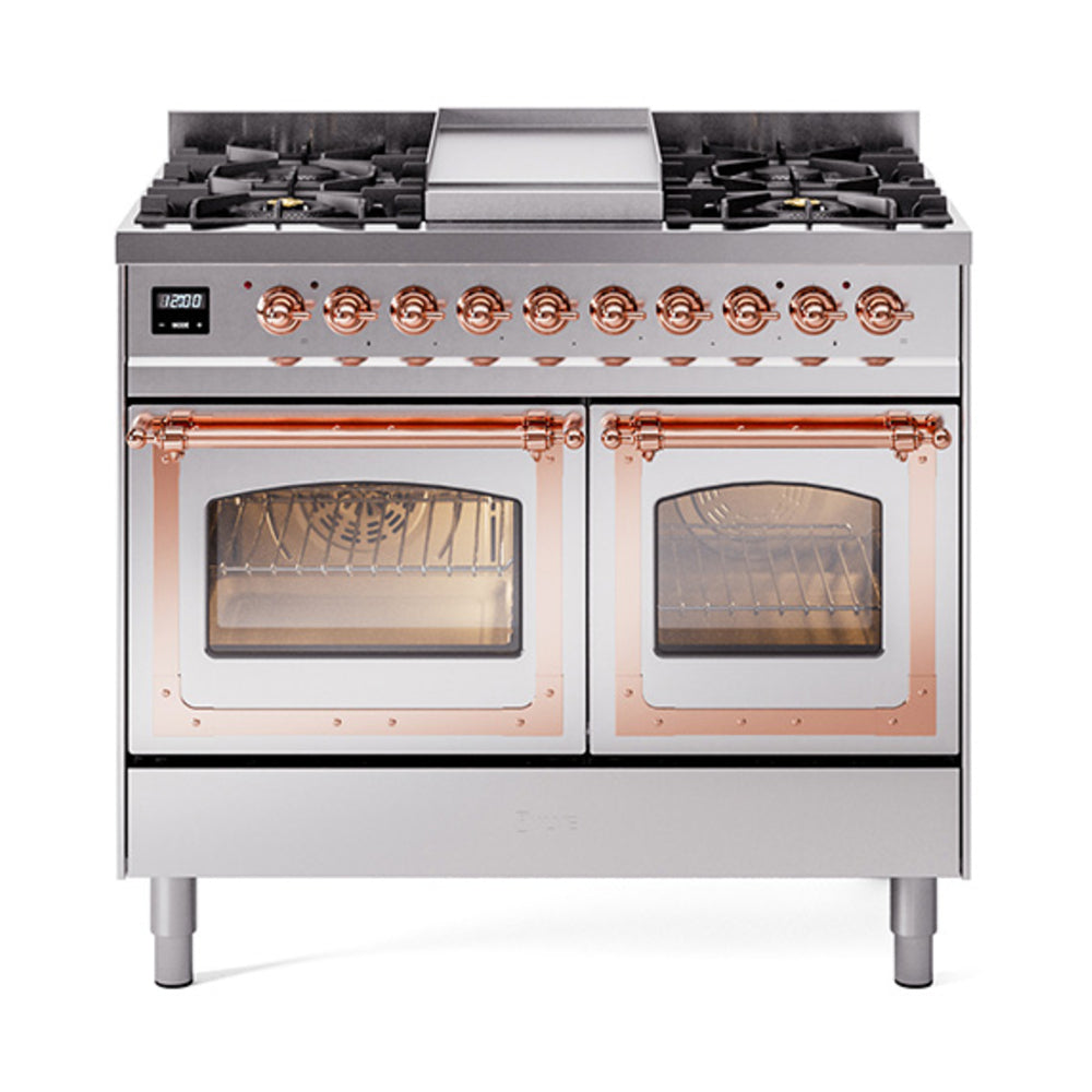 Stainless steel range with four burner grates, two oven windows, and copper trim