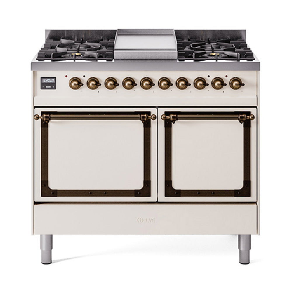 Antique white dual fuel range with bronze trim, four burners, and two solid oven doors