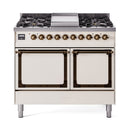 ILVE 40-Inch Nostalgie II Noblesse Natural Gas Dual Fuel Range with Solid Door Oven in Antique White with Bronze Trim (UND40FQNMPAWB)