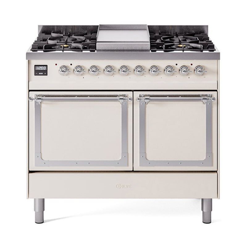 ILVE 40-Inch Nostalgie II Noblesse Dual Fuel Range with Solid Door Oven in Antique White with Chrome Trim (UND40FQNMPAWC)