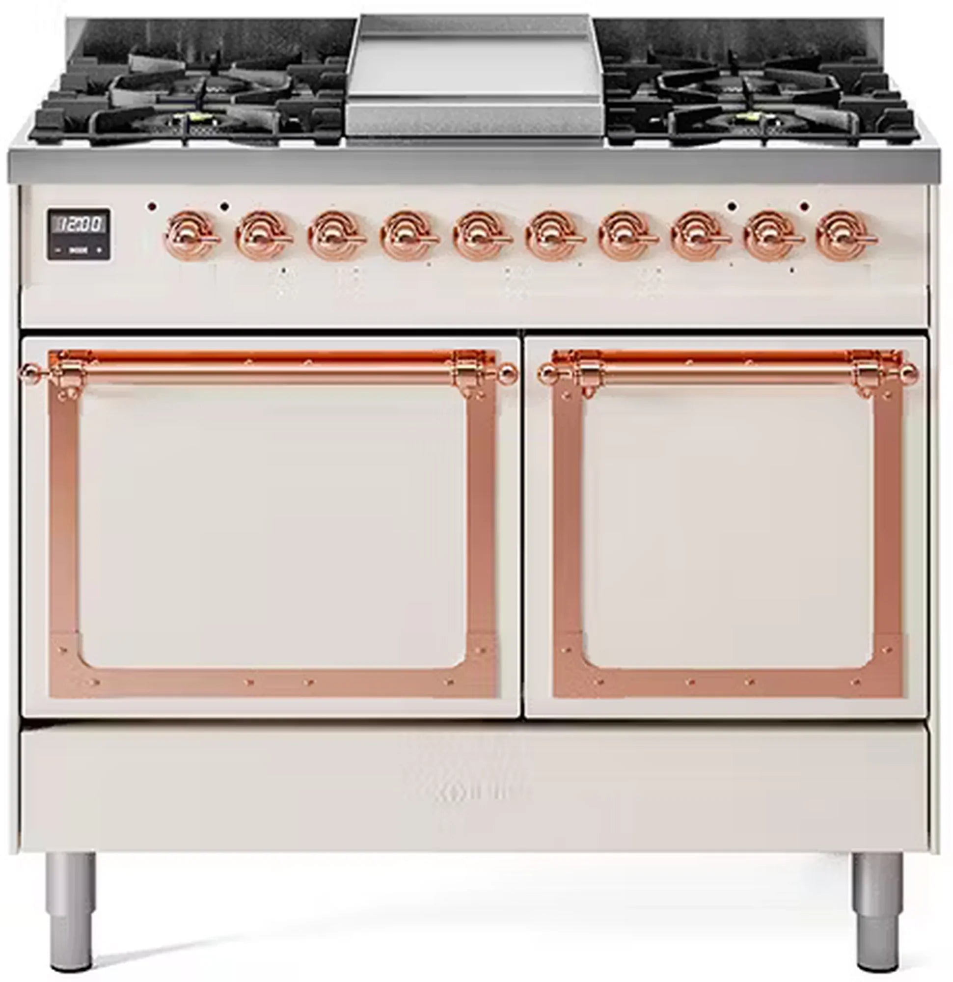 Antique white dual fuel range with copper-trim control knobs and two glass oven doors