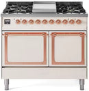 ILVE 40-Inch Nostalgie II Noblesse Natural Gas Dual Fuel Range with Solid Door Oven in Antique White with Copper Trim (UND40FQNMPAWP)