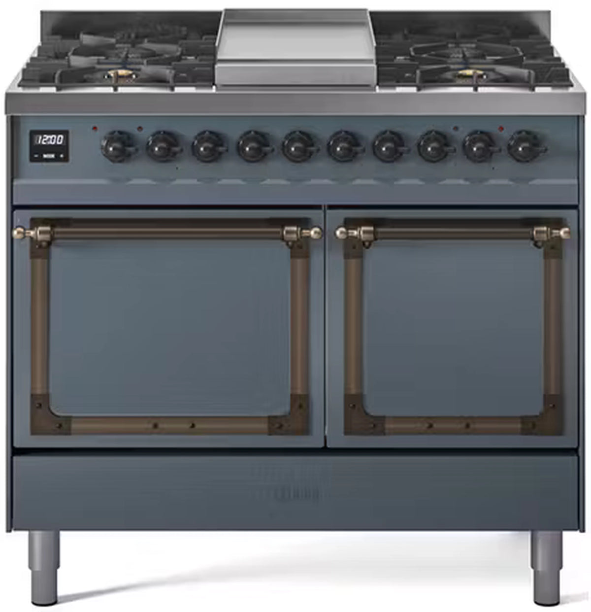 Blue-grey gas range with dual oven doors, control knobs, and multiple burners