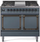 ILVE 40-Inch Nostalgie II Noblesse Propane Gas Dual Fuel Range with Solid Door Oven in Blue Grey with Bronze Trim (UND40FQNMPBGBLP)