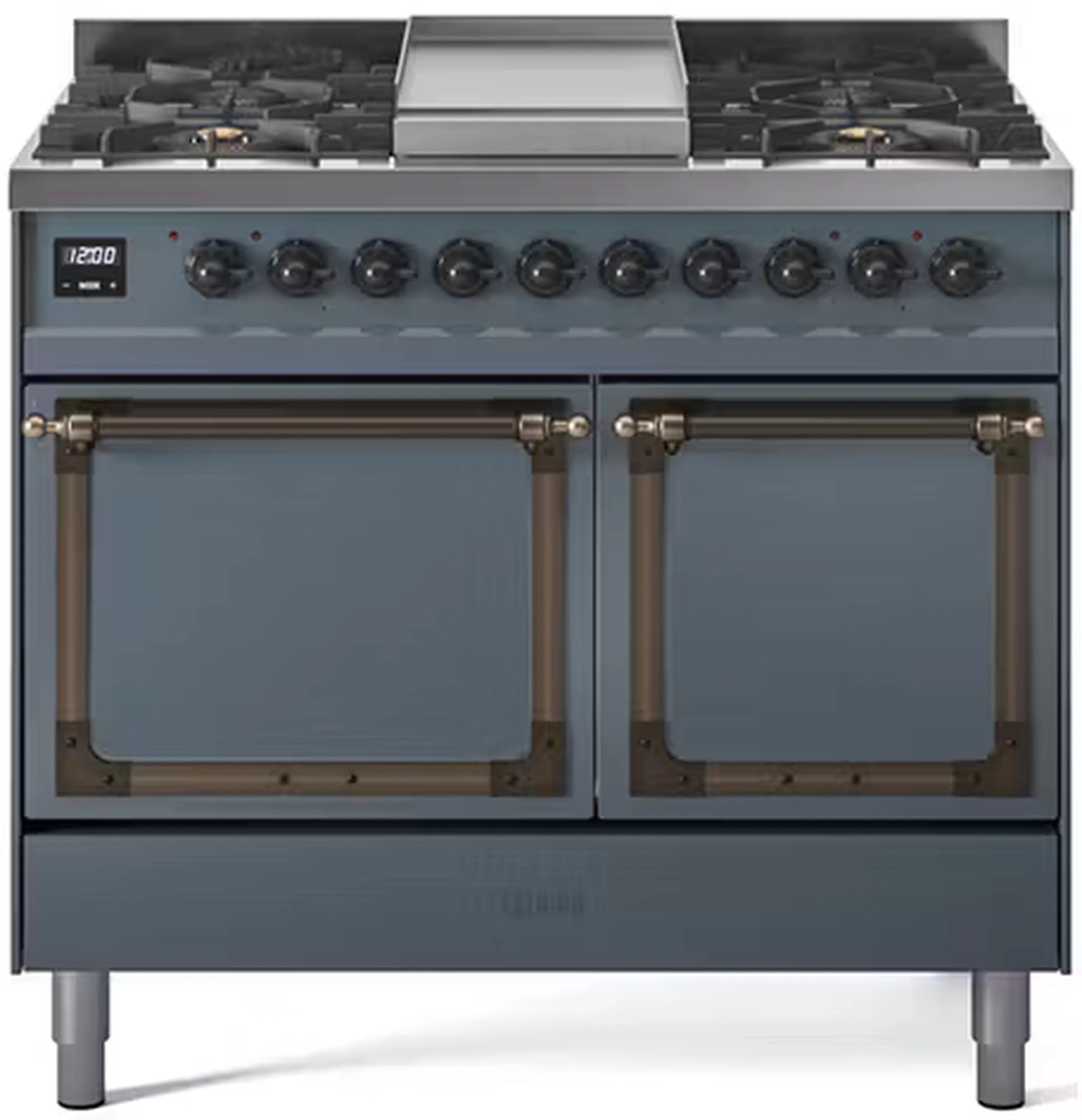 Blue grey gas range with solid doors, dual burners and bronze trim, front view