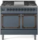 ILVE 40-Inch Nostalgie II Noblesse Natural Gas Dual Fuel Range with Solid Door Oven in Blue Grey with Bronze Trim (UND40FQNMPBGB)