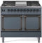 ILVE 40-Inch Nostalgie II Noblesse Natural Gas Dual Fuel Range with Solid Door Oven in Blue Grey with Bronze Trim (UND40FQNMPBGB)