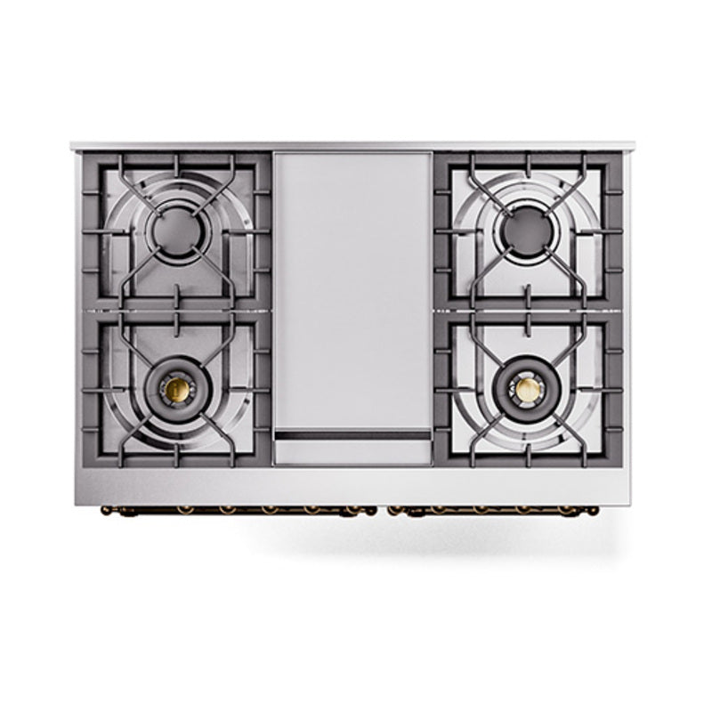 Blue grey gas range cooktop with four burner grates and center control panel, top view