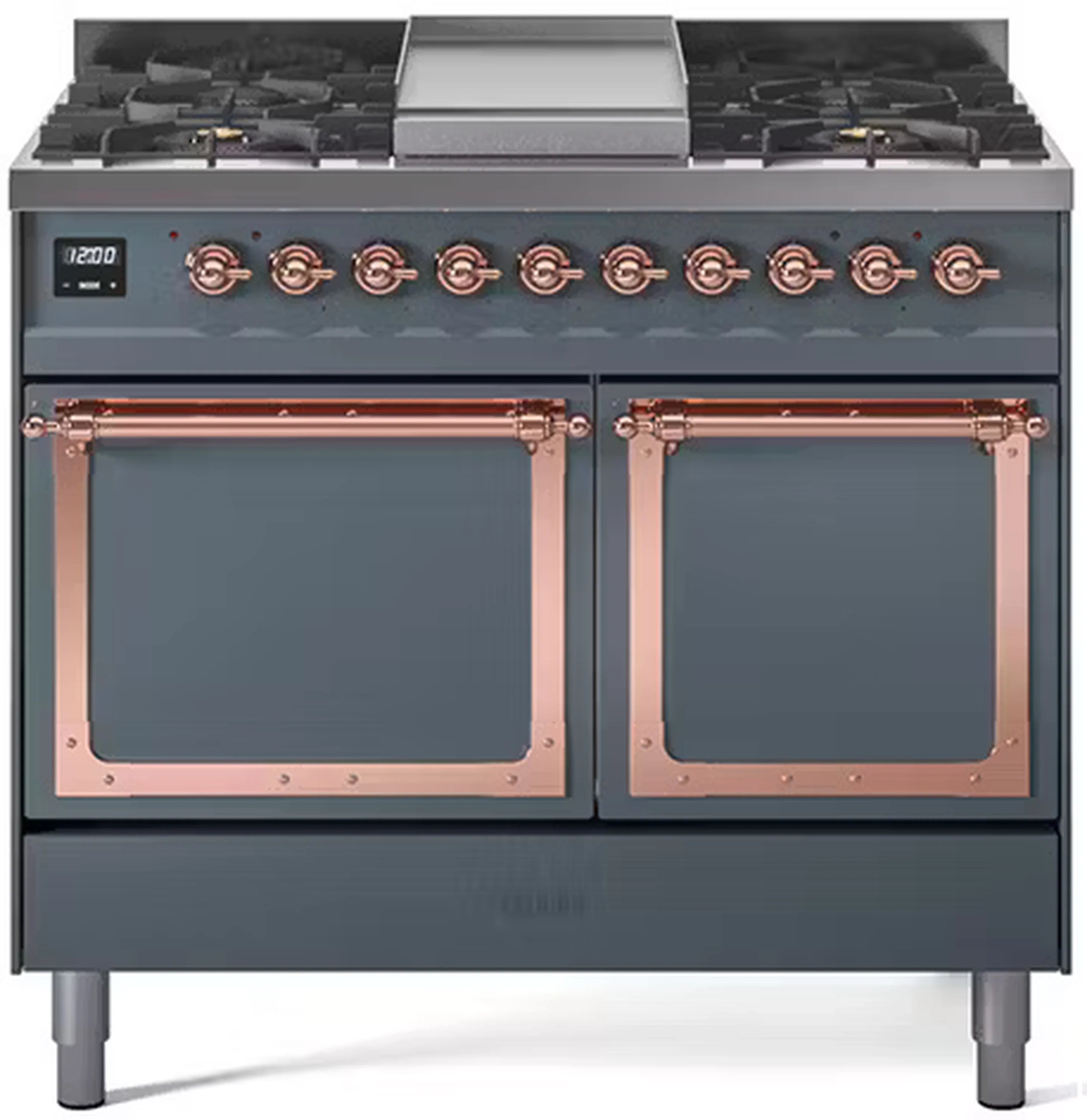 Blue grey gas dual-fuel range with solid oven doors, copper trim, and control knobs