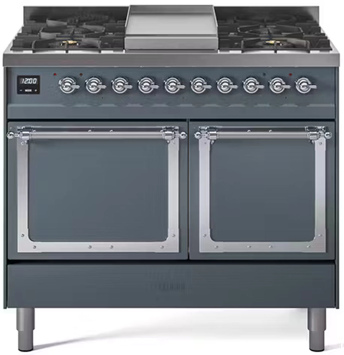 Blue grey dual fuel gas range with dual solid oven doors and chrome trim, front view