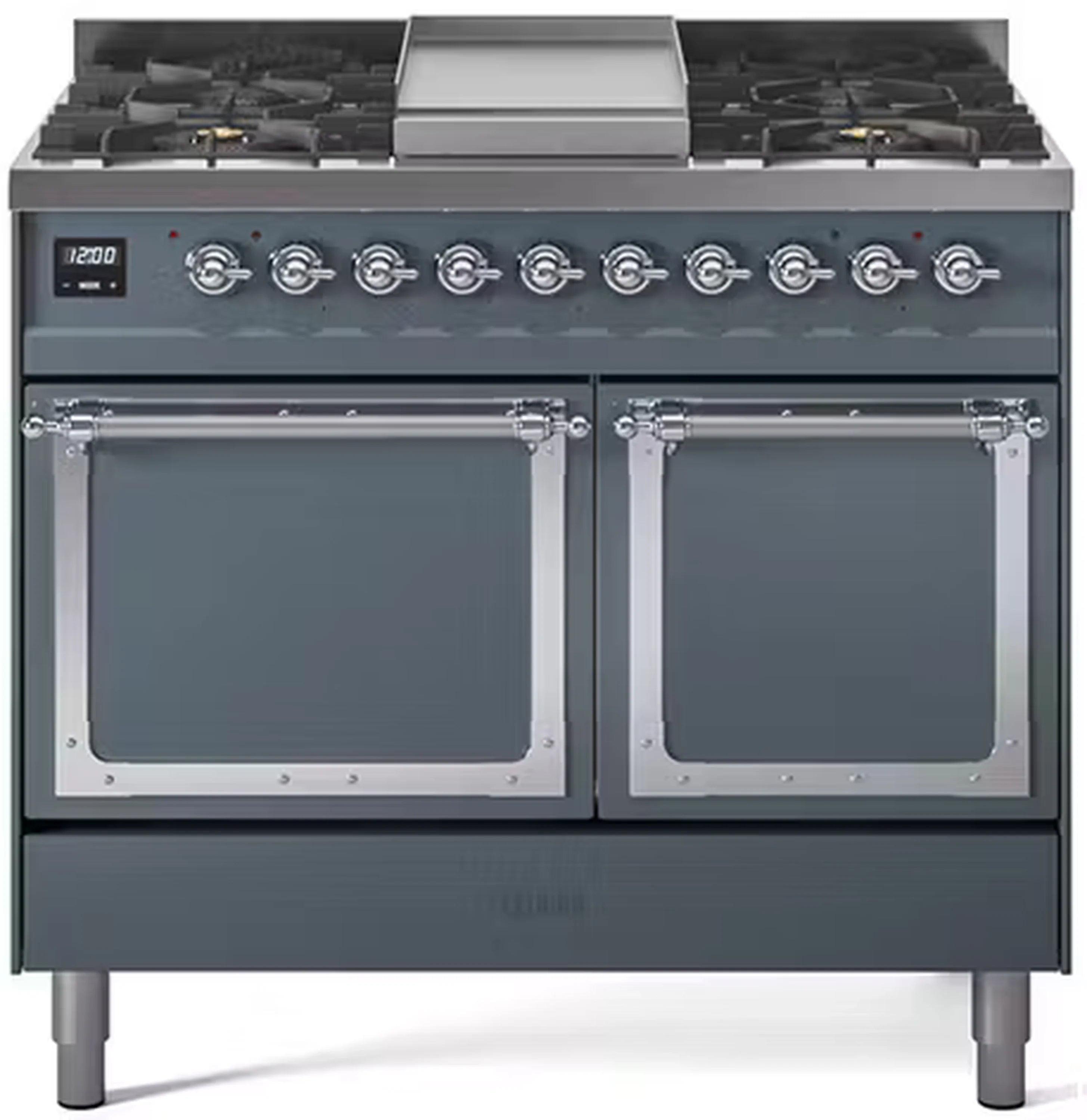 Blue grey gas dual-fuel range with chrome knobs, two glass oven doors, and stovetop burners