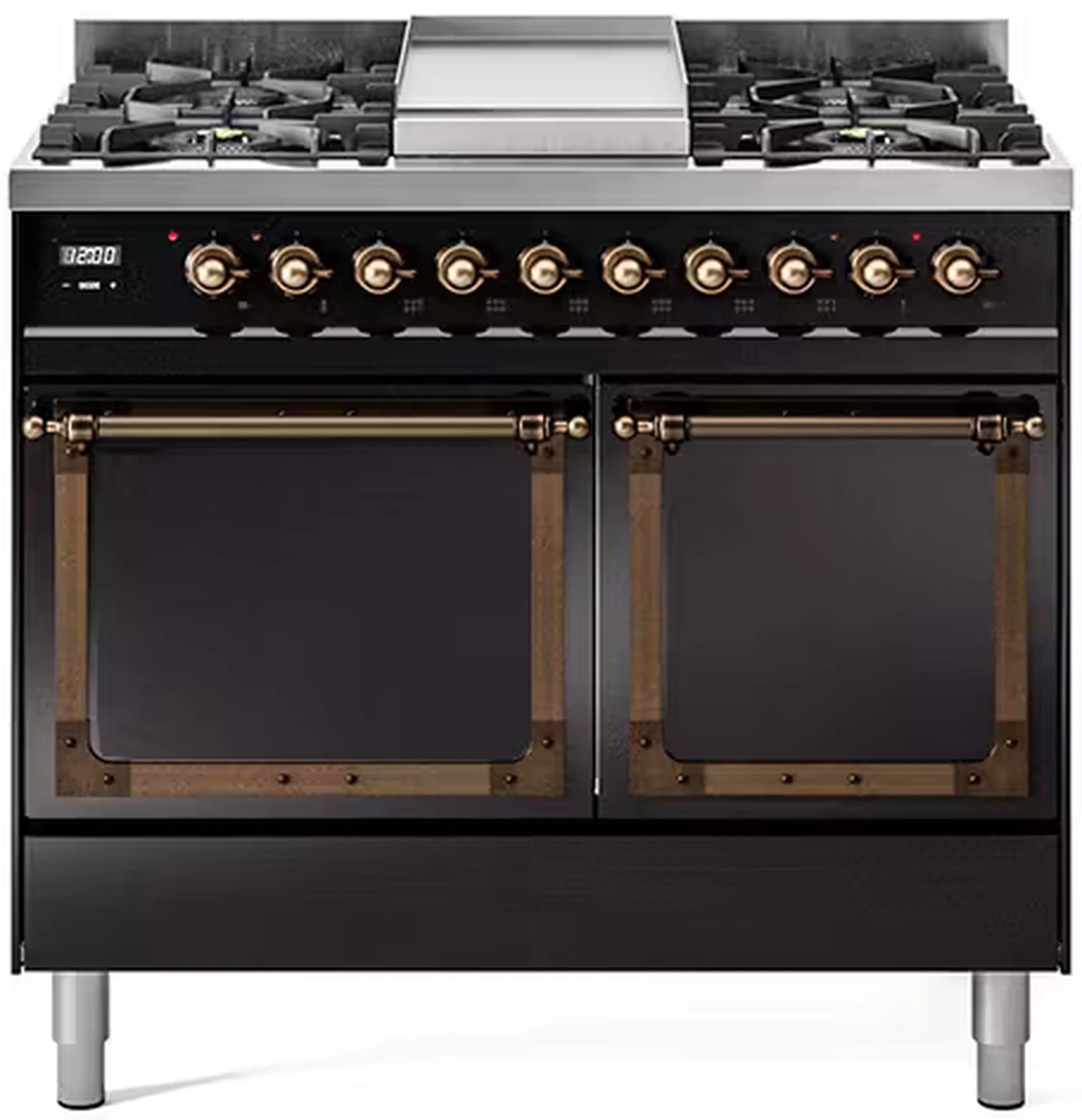 Glossy black dual fuel range with bronze trim, gas burners, and two solid oven doors