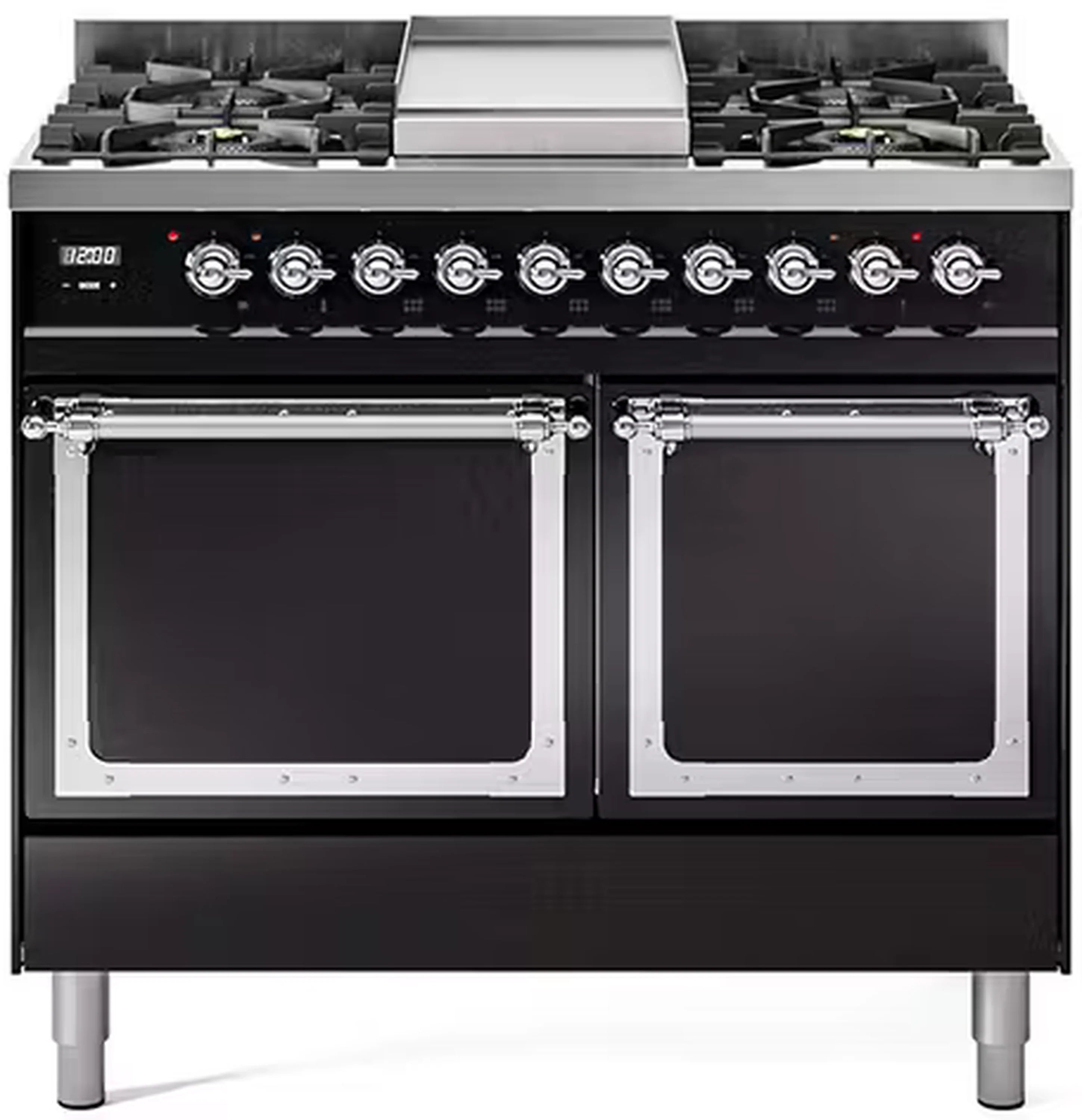 Glossy black dual-fuel range with chrome-trimmed control panel and two glass oven doors