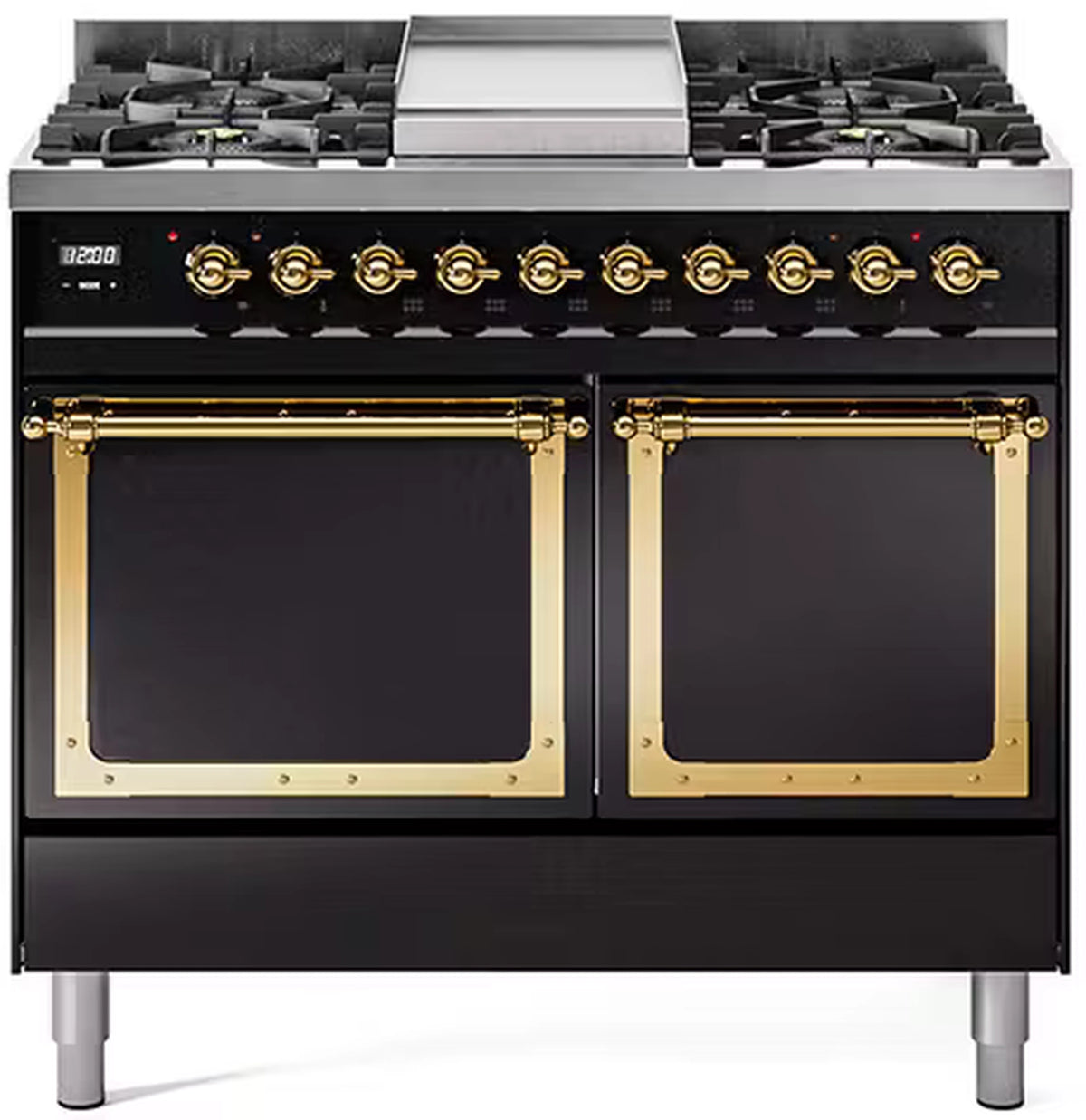 Glossy black dual fuel gas range with brass-trim doors and front burner control knobs