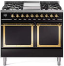 ILVE 40-Inch Nostalgie II Noblesse Propane Gas Dual Fuel Range with Solid Door Oven in Glossy Black with Brass Trim (UND40FQNMPBKGLP)