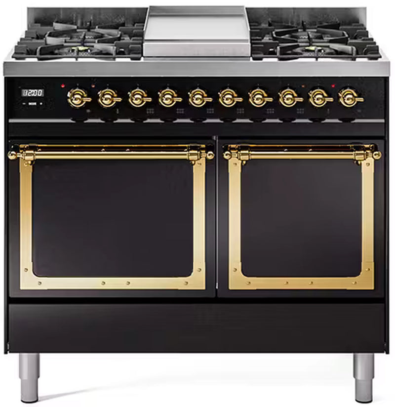 ILVE 40-Inch Nostalgie II Noblesse Dual Fuel Range with Solid Door Oven in Glossy Black with Brass Trim (UND40FQNMPBKG)
