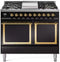 ILVE 40-Inch Nostalgie II Noblesse Natural Gas Dual Fuel Range with Solid Door Oven in Glossy Black with Brass Trim (UND40FQNMPBKG)