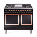 ILVE 40-Inch Nostalgie II Noblesse Propane Gas Dual Fuel Range with Solid Door Oven in Glossy Black with Copper Trim (UND40FQNMPBKPLP)
