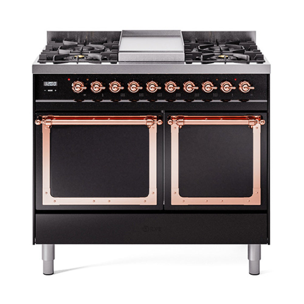 Glossy black dual fuel gas range with copper trim, solid oven doors, and 4 burners