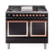 ILVE 40-Inch Nostalgie II Noblesse Natural Gas Dual Fuel Range with Solid Door Oven in Glossy Black with Copper Trim (UND40FQNMPBKP)