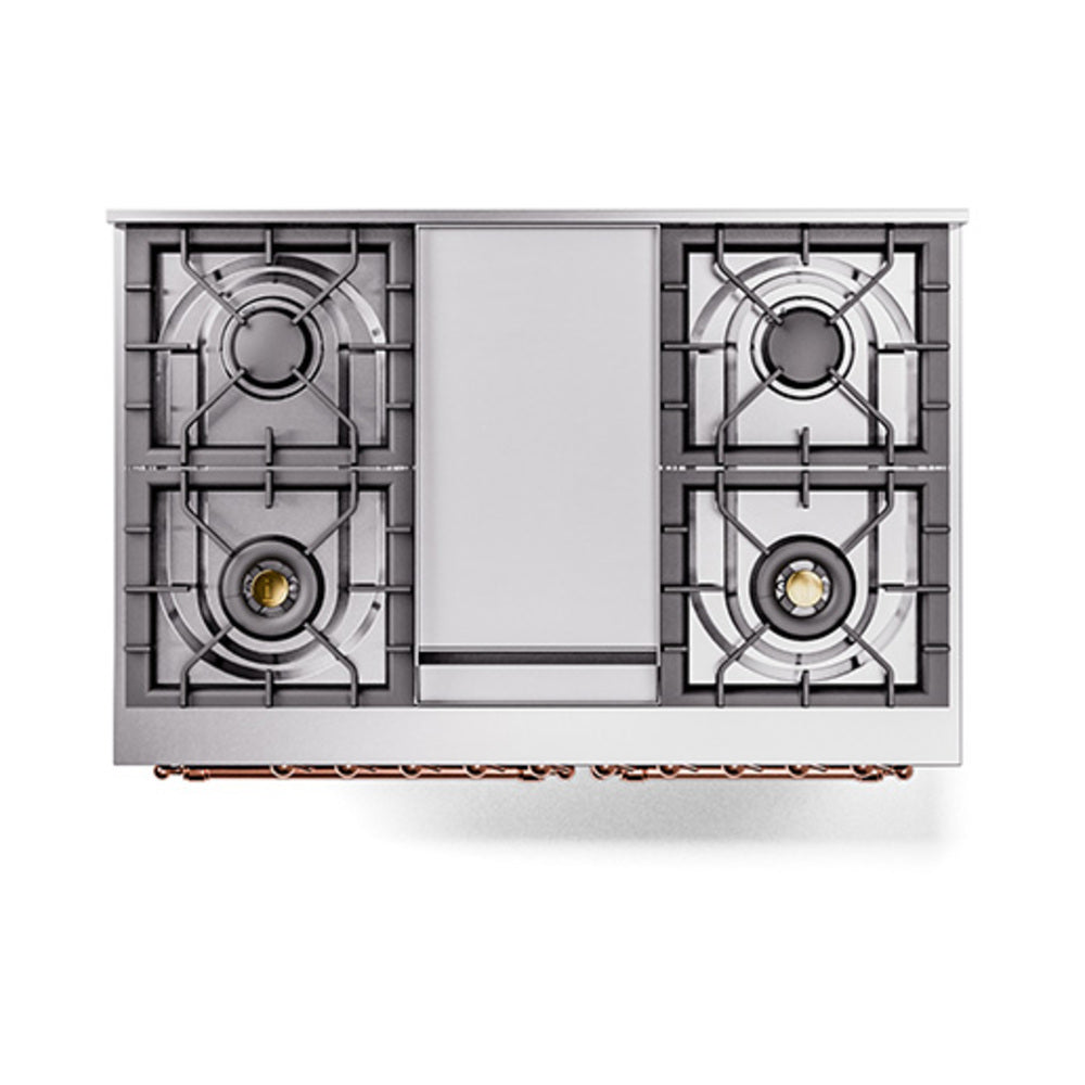 Metal dual-fuel range cooktop with four burners and center control panel