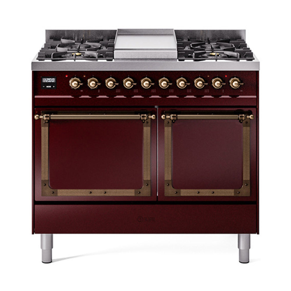 ILVE 40-inch dual fuel range with burgundy oven doors and bronze control knobs