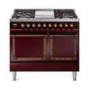 ILVE 40-Inch Nostalgie II Noblesse Natural Gas Dual Fuel Range with Solid Door Oven in Burgundy with Bronze Trim (UND40FQNMPBUB)