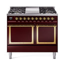 ILVE 40-Inch Nostalgie II Noblesse Natural Gas Dual Fuel Range with Solid Door Oven in Burgundy with Brass Trim (UND40FQNMPBUG)