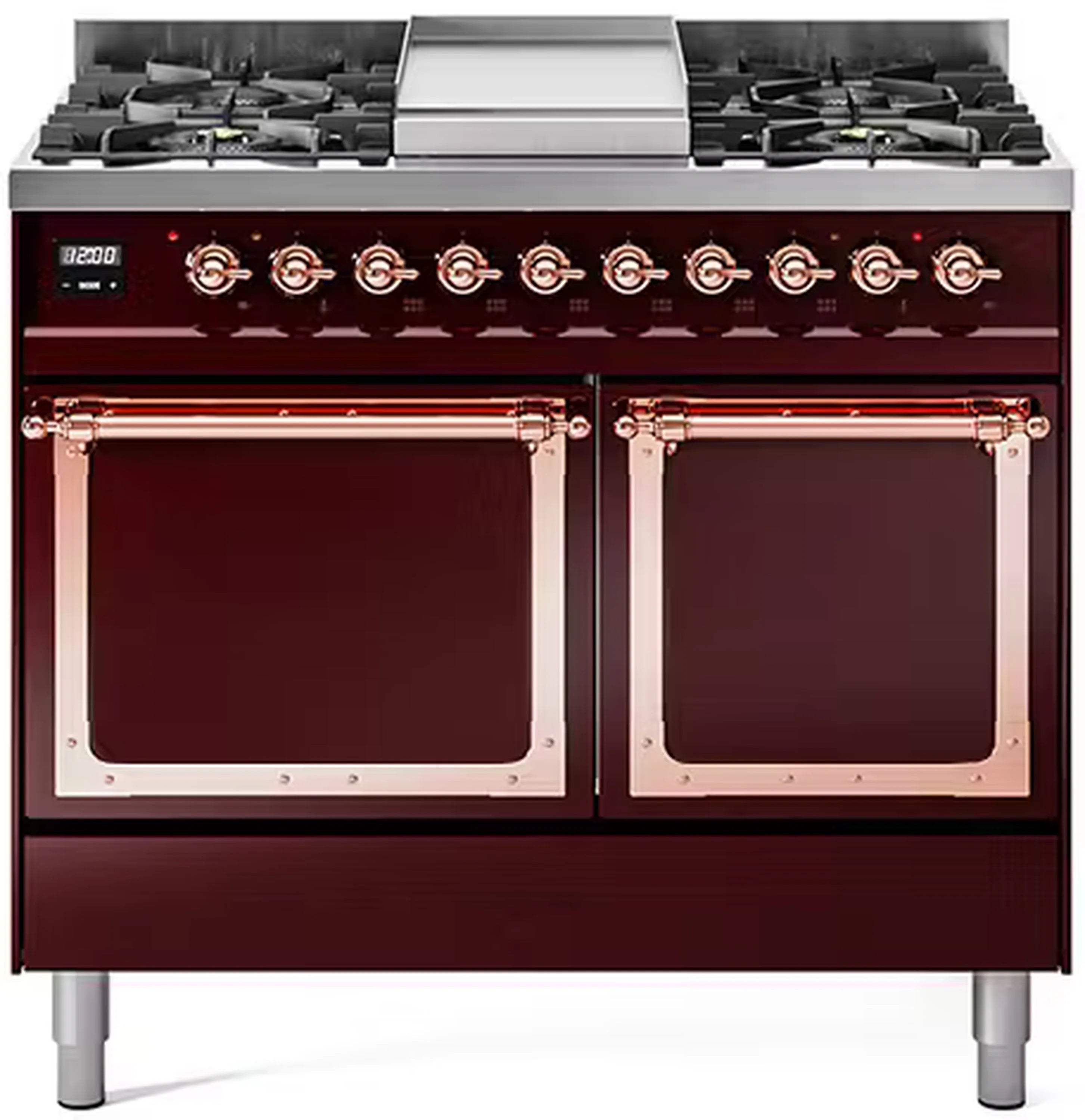 Burgundy ILVE dual fuel range with copper trim, dual oven doors and control knobs