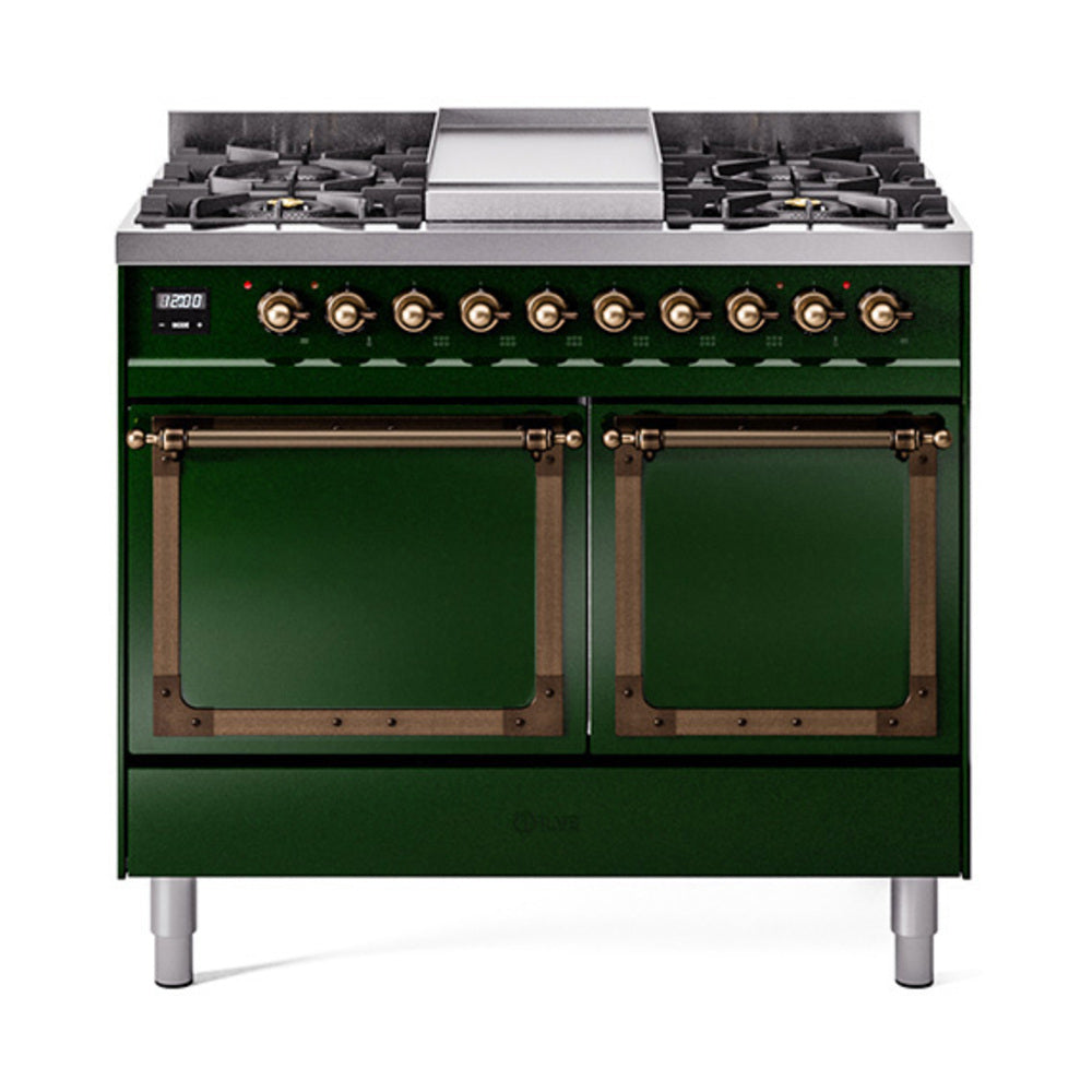 ILVE emerald gas dual fuel range with bronze-trim control knobs and solid door ovens