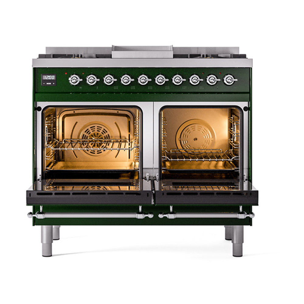 Emerald green dual fuel range with chrome trim, open ovens showing racks and burners