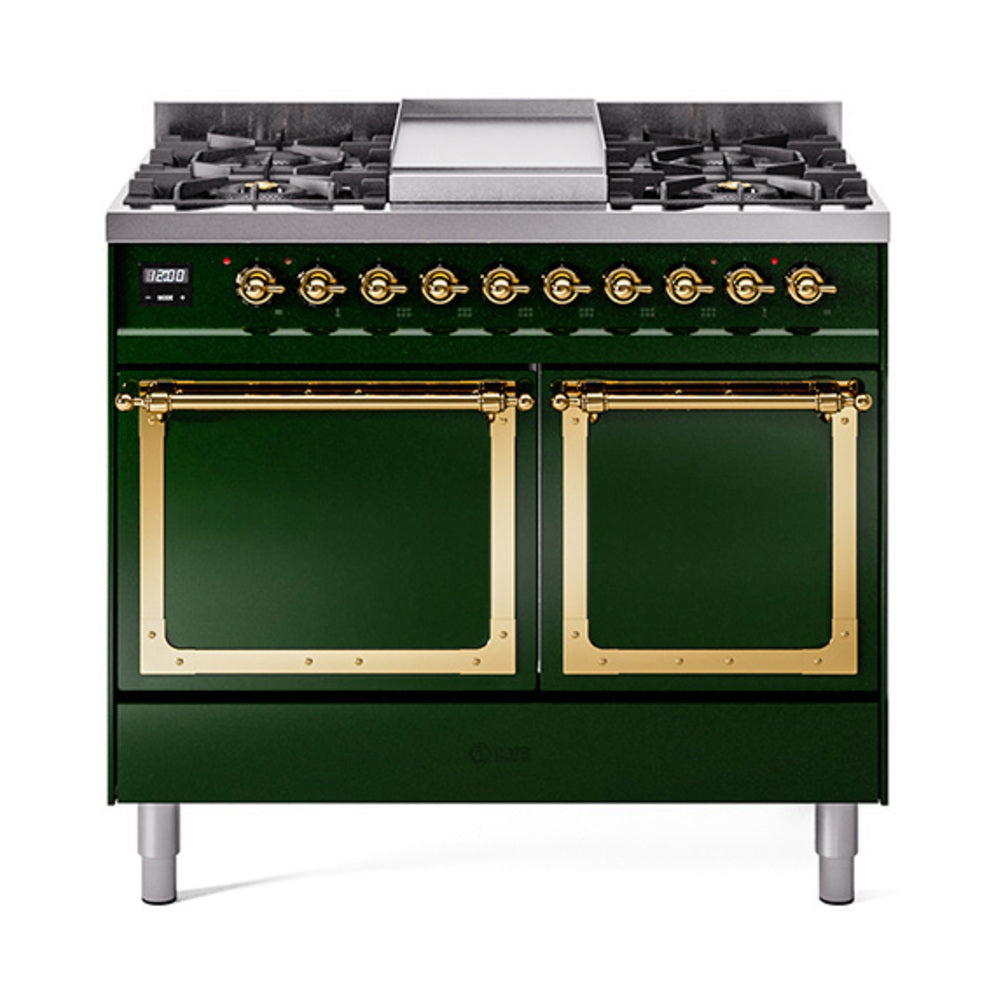 Emerald green dual fuel range with two solid doors, brass trim, and four gas burners.