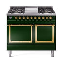 ILVE 40-Inch Nostalgie II Noblesse Natural Gas Dual Fuel Range with Solid Door Oven in Emerald Green with Brass Trim (UND40FQNMPEGG)