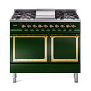 ILVE 40-Inch Nostalgie II Noblesse Propane Gas Dual Fuel Range with Solid Door Oven in Emerald Green with Brass Trim (UND40FQNMPEGGLP)