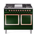 ILVE 40-Inch Nostalgie II Noblesse Propane Gas Dual Fuel Range with Solid Door Oven in Emerald Green with Copper Trim (UND40FQNMPEGPLP)