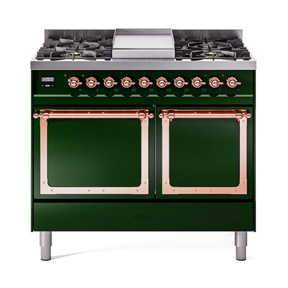 ILVE emerald green dual fuel range with two solid oven doors and copper trim