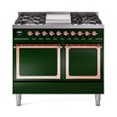 ILVE 40-Inch Nostalgie II Noblesse Natural Gas Dual Fuel Range with Solid Door Oven in Emerald Green with Copper Trim (UND40FQNMPEGP)
