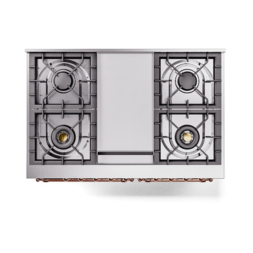 Emerald green cooktop with four burners and center panel, stainless control area