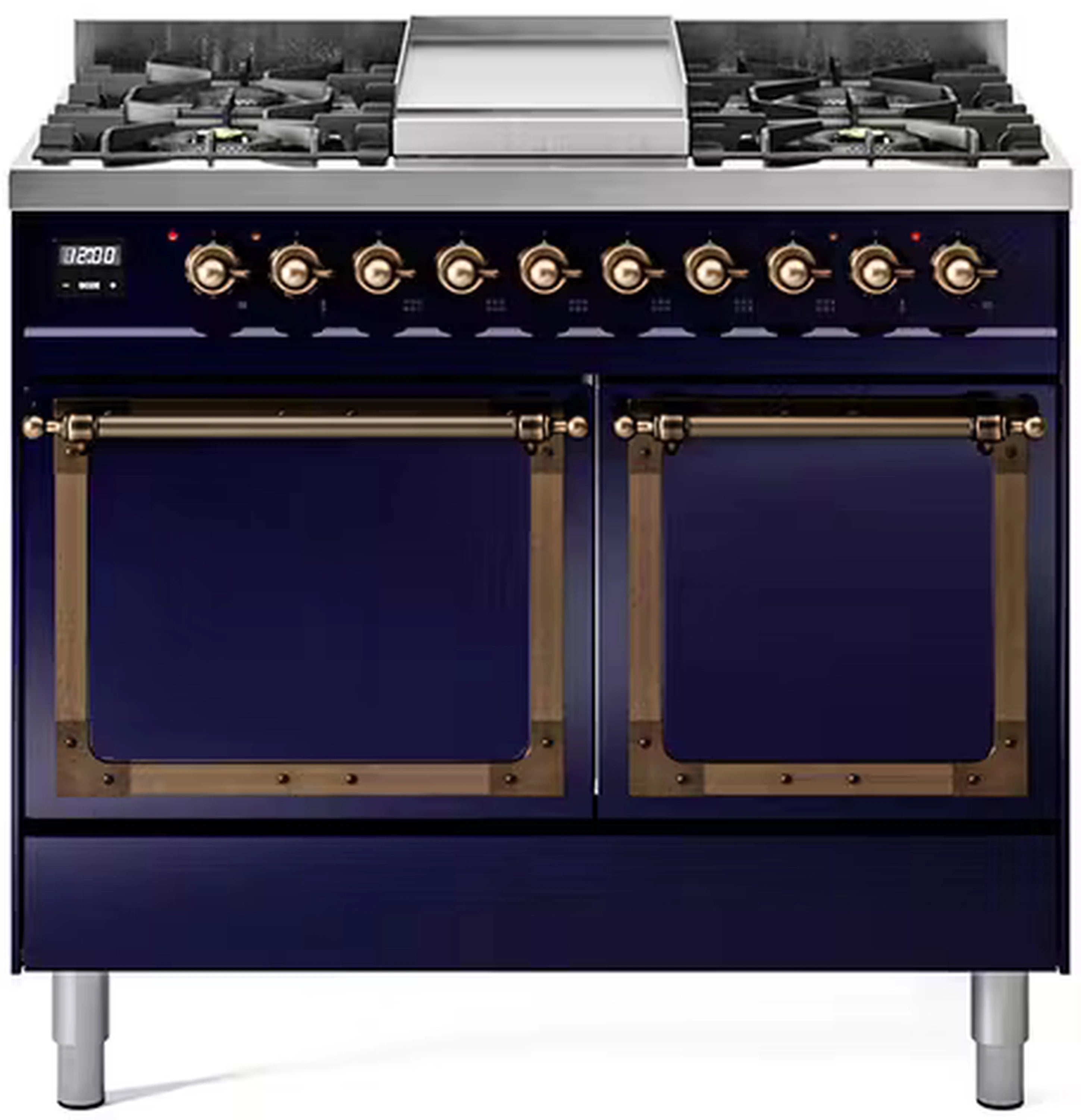 Midnight blue dual fuel gas range with bronze trim, front controls and two oven doors
