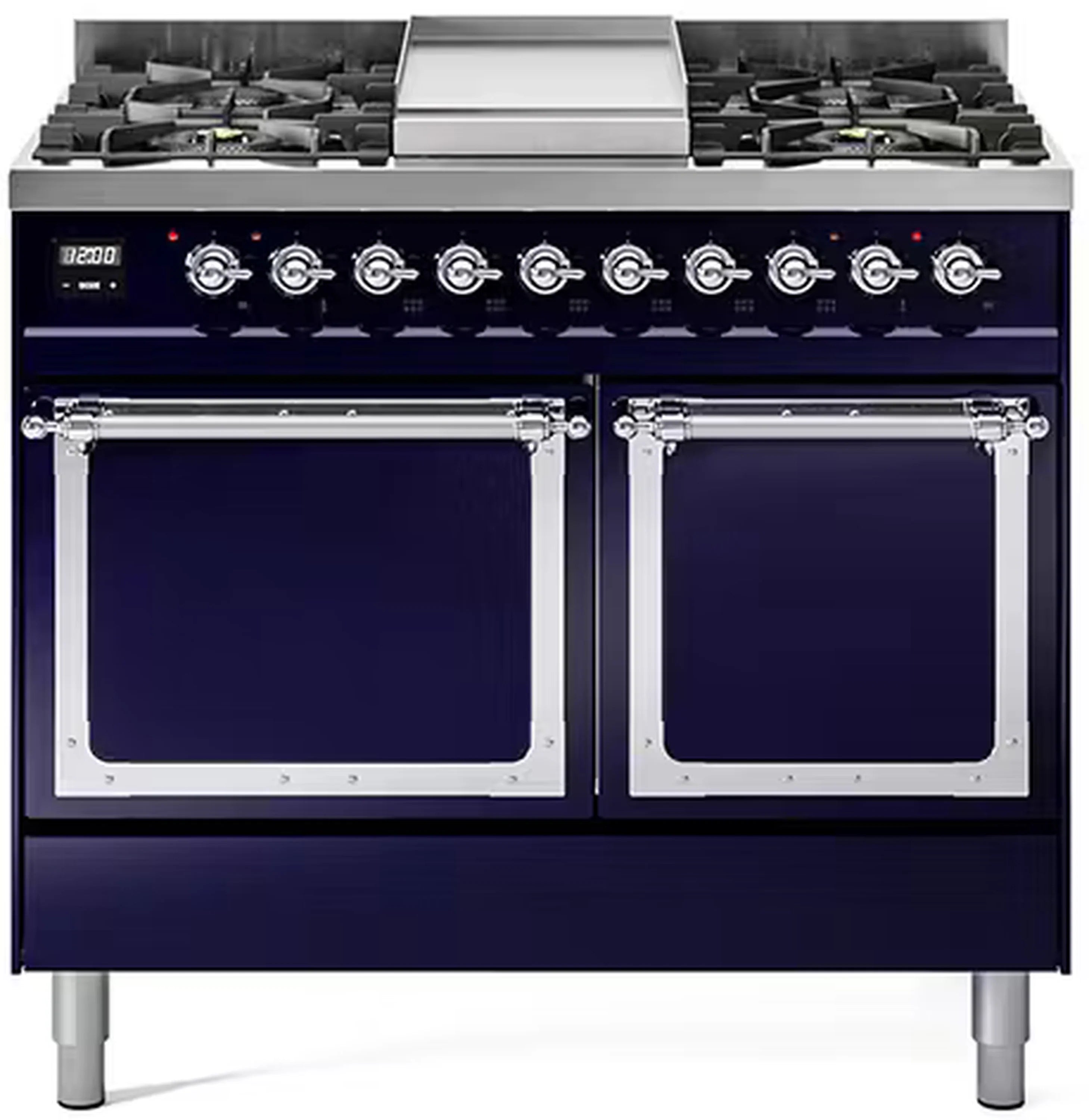ILVE gas range with chrome-trimmed double oven doors, midnight blue front and control knobs