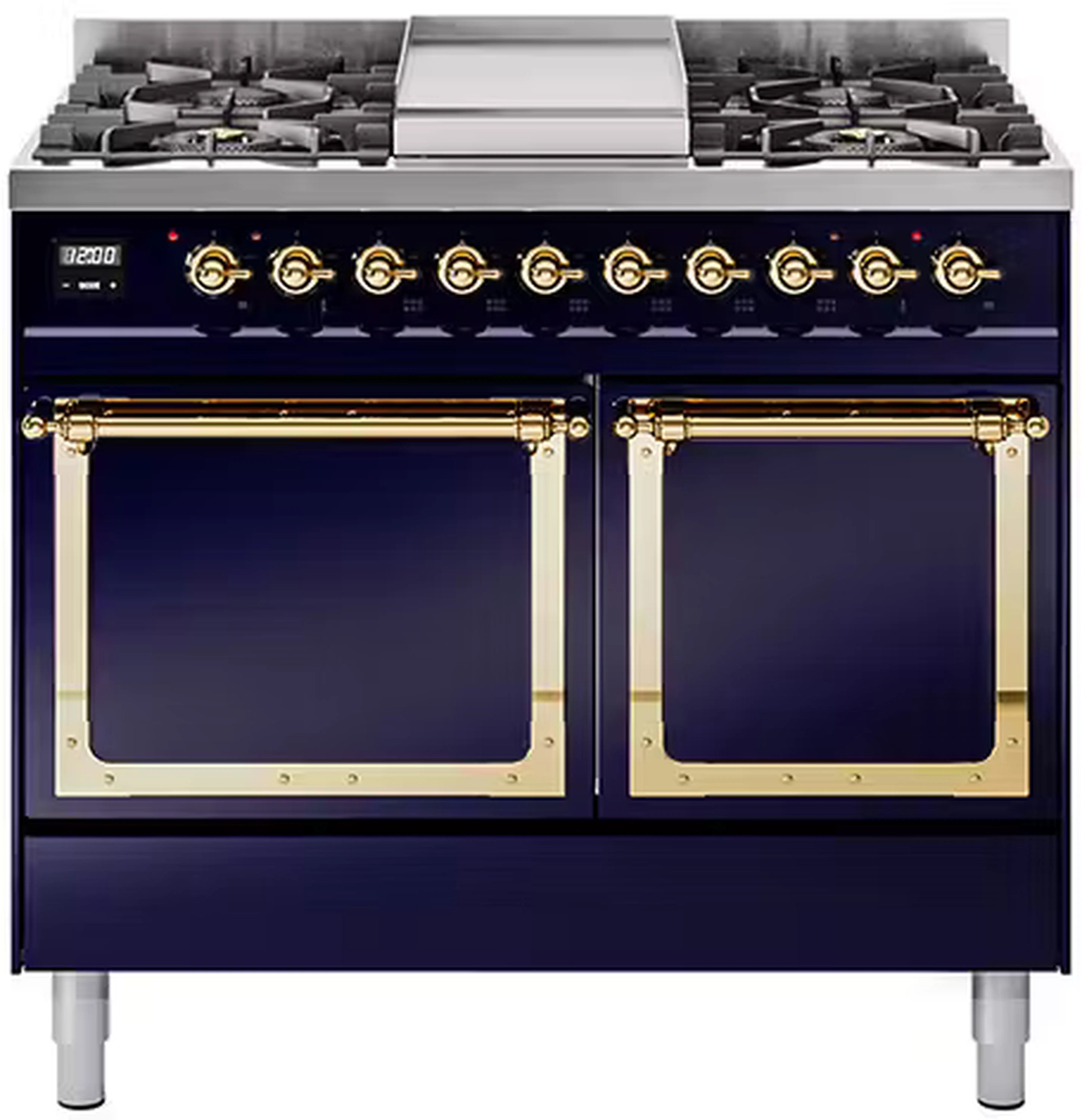 Midnight blue dual fuel gas range with brass-trimmed solid oven doors and control knobs
