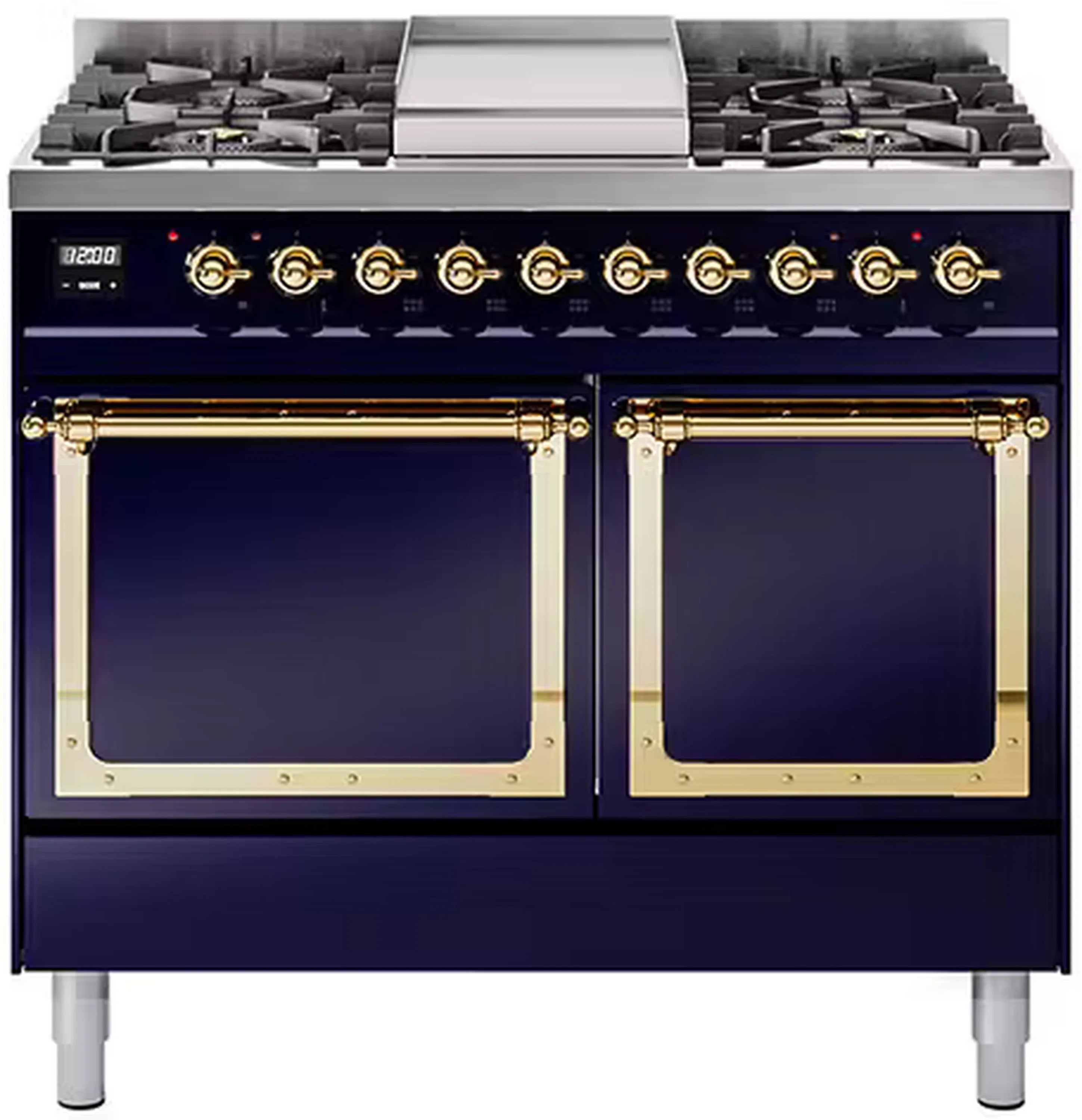 Midnight blue gas dual-fuel range with brass-trimmed solid oven doors, control panel