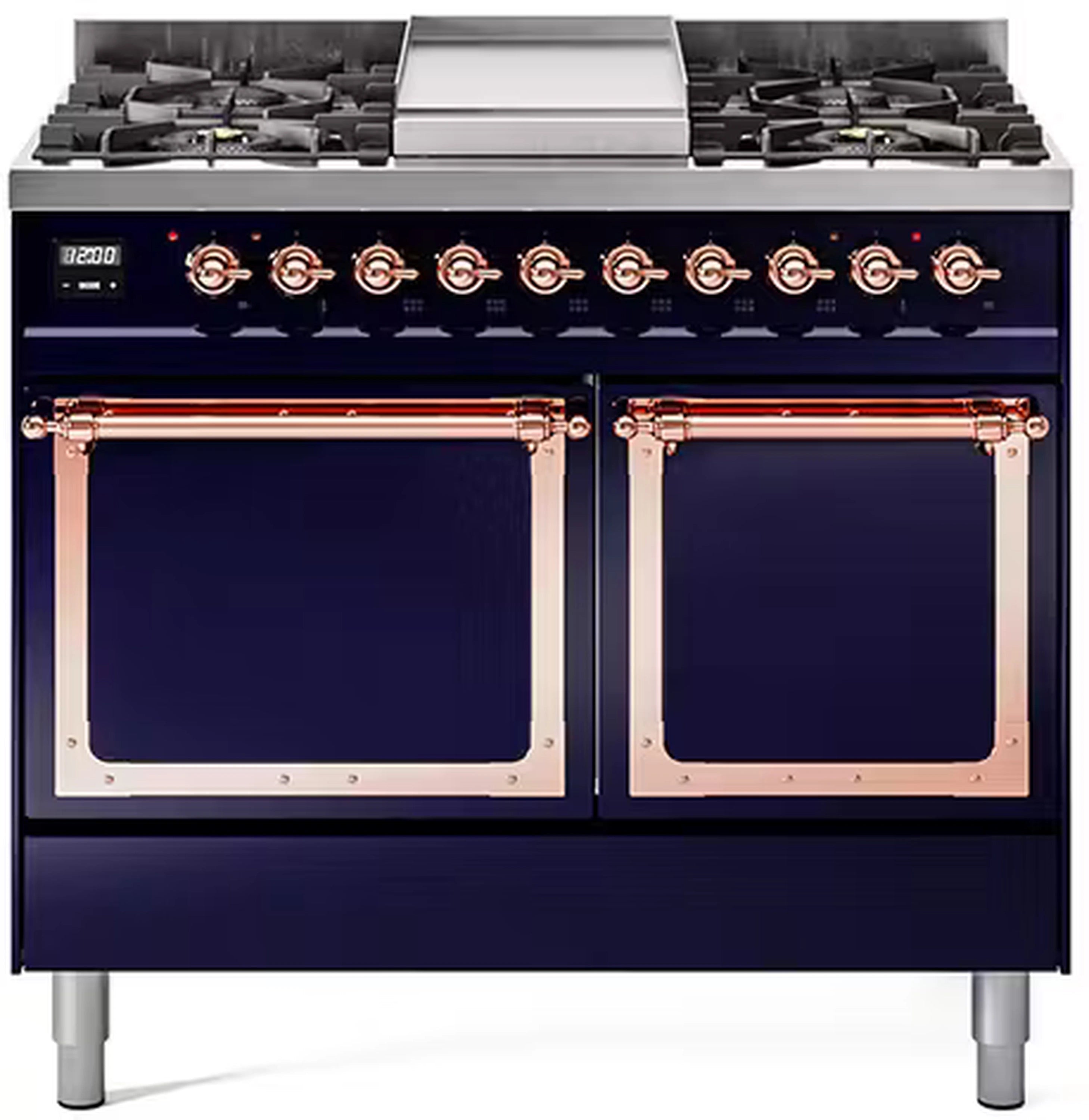Midnight blue dual-fuel gas range with copper-trimmed solid oven doors and burner knobs