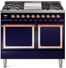ILVE 40-Inch Nostalgie II Noblesse Propane Gas Dual Fuel Range with Solid Door Oven in Midnight Blue with Copper Trim (UND40FQNMPMBPLP)