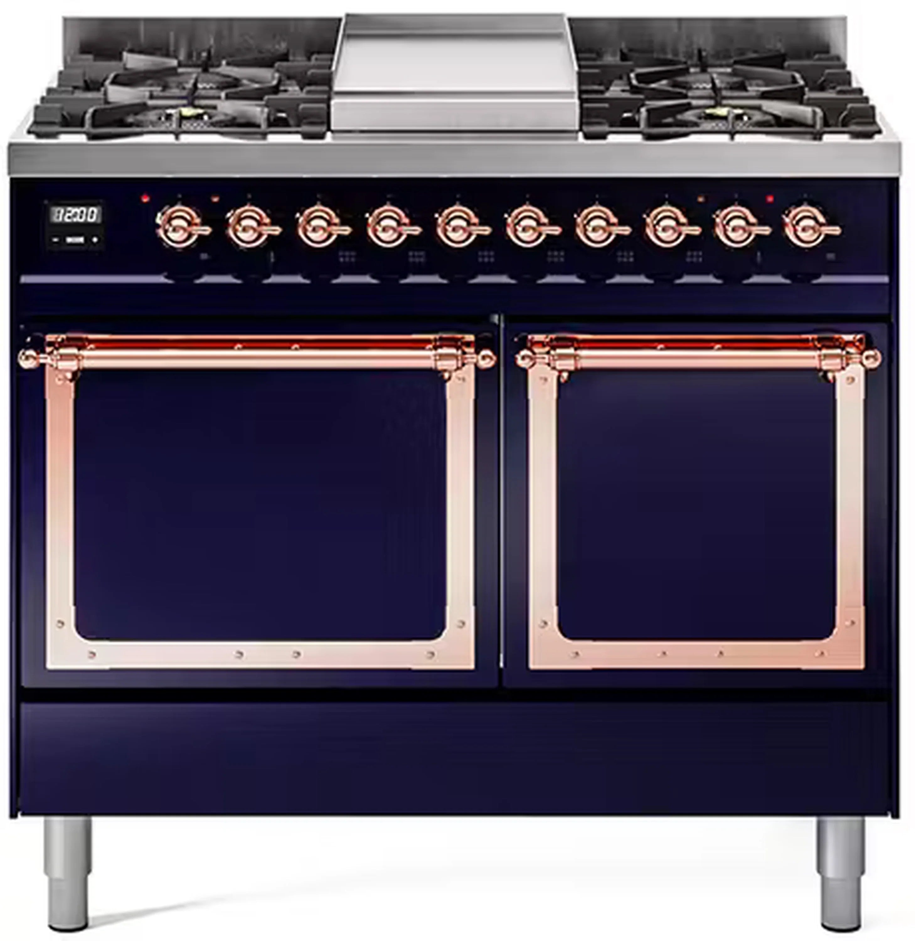 Midnight blue dual fuel range with copper-trimmed ovens and control knobs