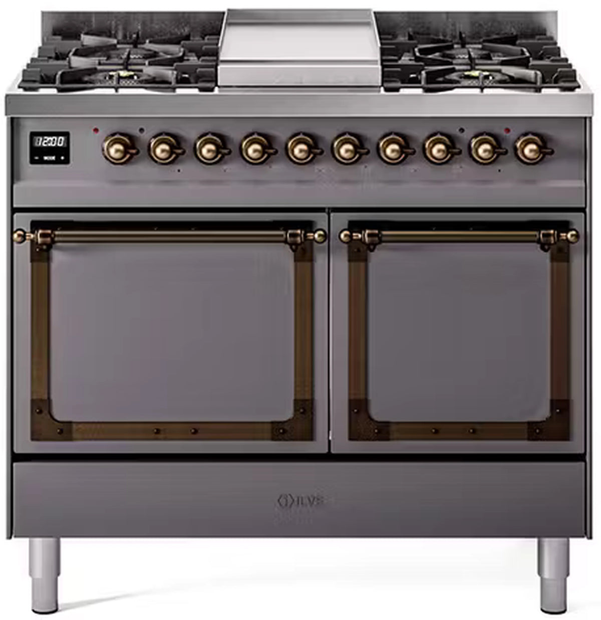 Matte graphite dual fuel gas range with bronze knobs and solid door oven, front view