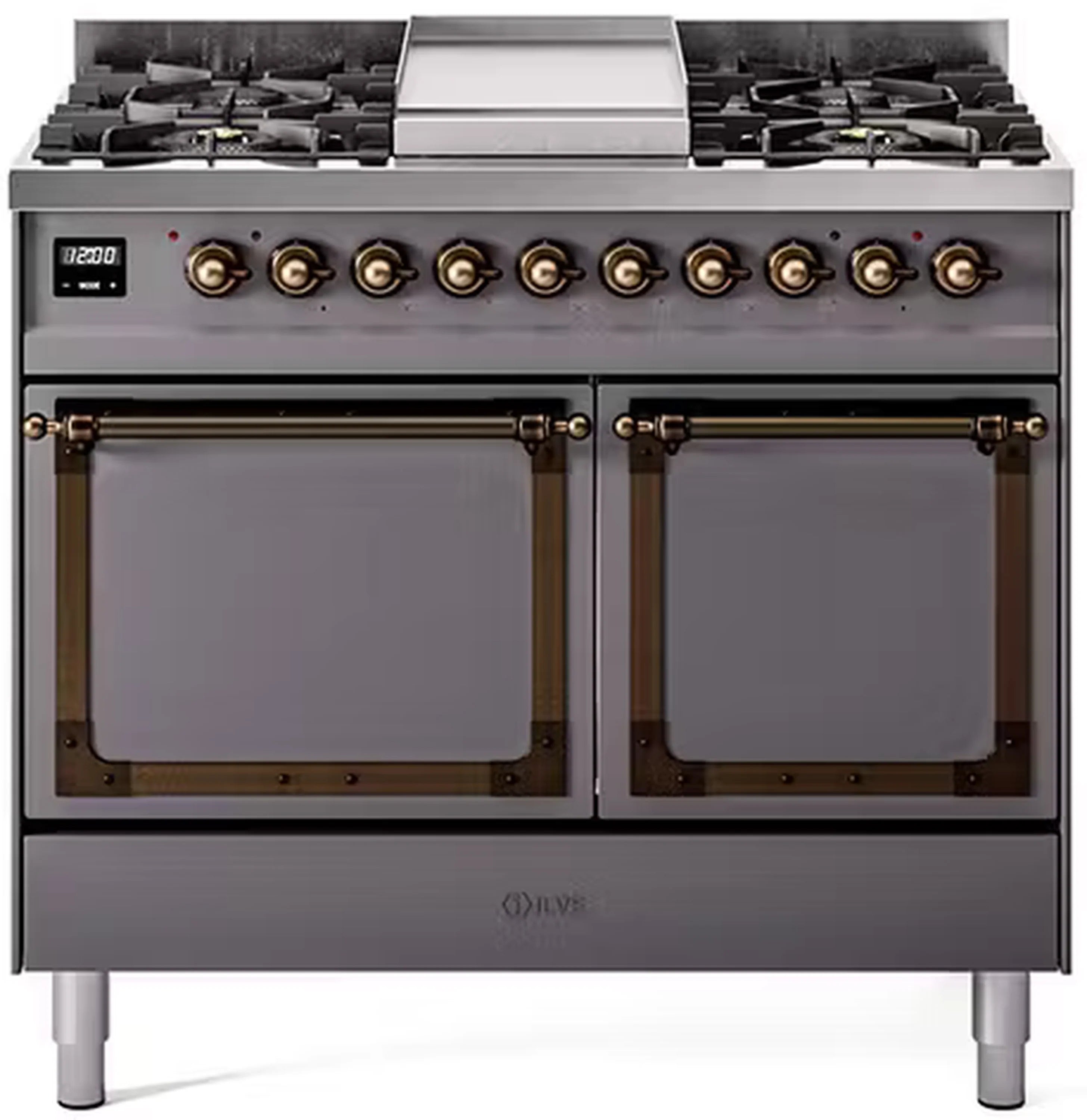 Matte graphite dual-fuel range with bronze trim, control knobs and two solid oven doors
